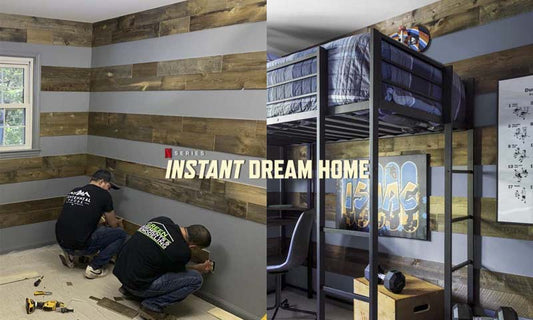 The brown reclaimed wood being installed in the boys' bedroom on Netflix's Instant Dream Home.