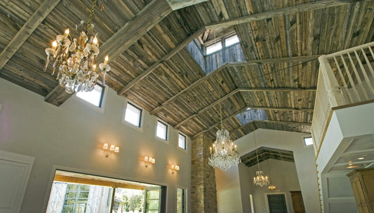 A reclaimed wood ceiling in Malibu, CA from Centennial Woods demonstrating the consistency of their planks.