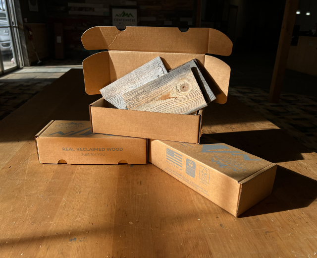 A box of reclaimed wood samples.