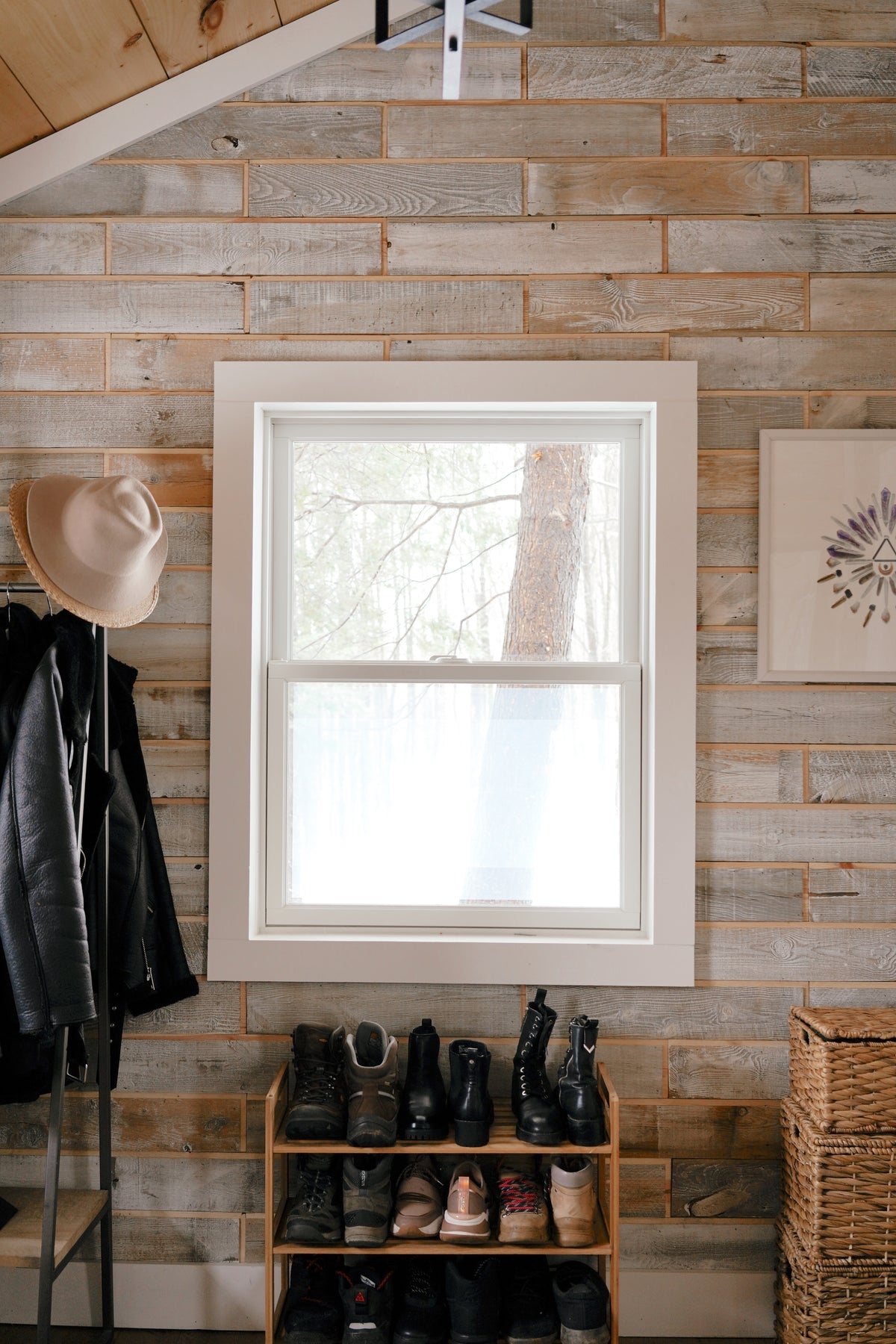 Wooden tiles on a cabin wall.