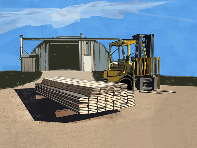 Illustration of a bundle of reclaimed wood being moved by a forklift at Centennial Woods.