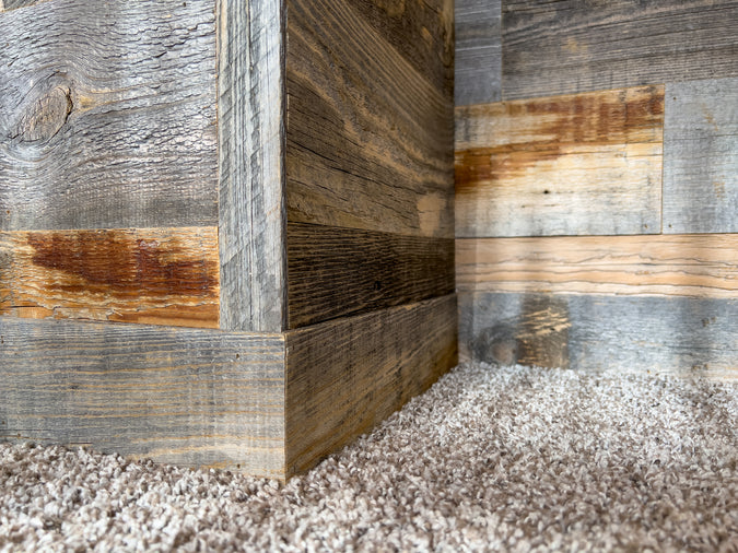 Close up photo of reclaimed wood trim and molding.
