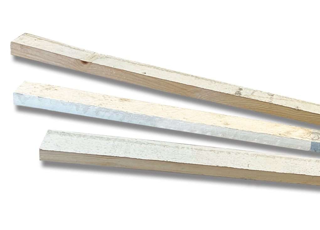 1.5 inch wide reclaimed wood trim pieces in a white wash finish.