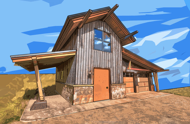 Illustration of a modern mountain home clad in vertical reclaimed wood siding.