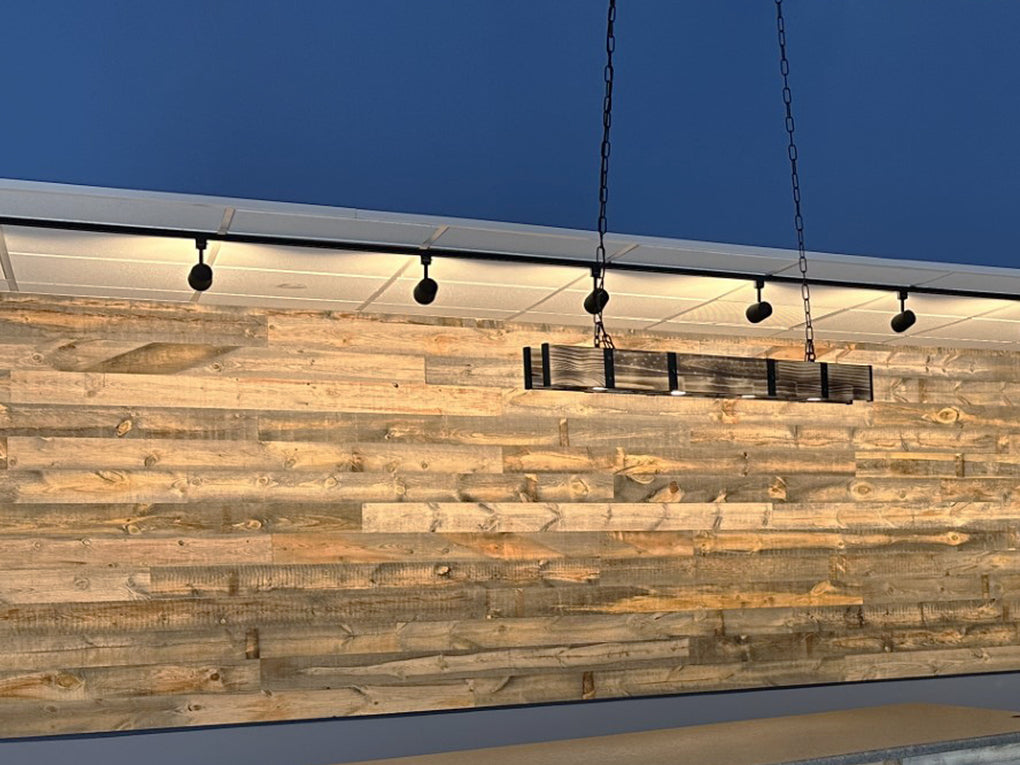 Bulk reclaimed wood paneling in the brushed, light brown  Cheyenne finish.