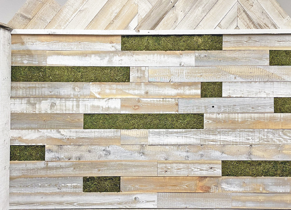 Distressed white reclaimed wood wall interspersed with moss accents