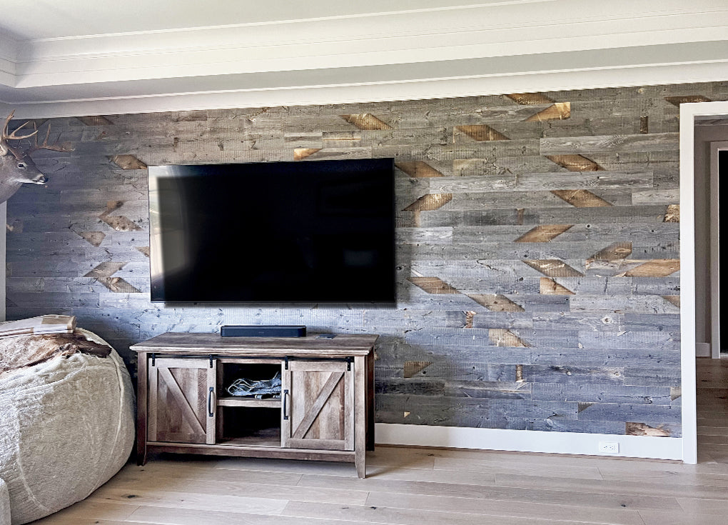 Reclaimed wood wall in a scandi style tv room
