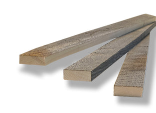 Reclaimed wood trim pieces 1.5 inches wide in gray and brown.