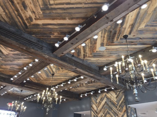 Herringbone ceiling made with Wheatland reclaimed wood planks