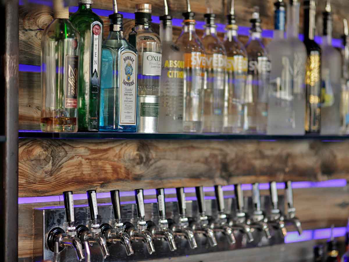 Reclaimed wood background in Union Tap bar and restaurant in San Diego, CA.