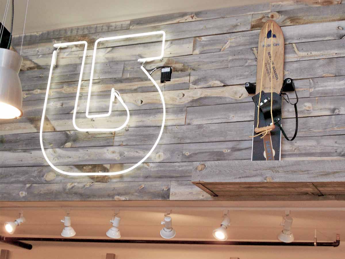 Burton Snowboards retail display made with grey reclaimed wood from Centennial Woods.