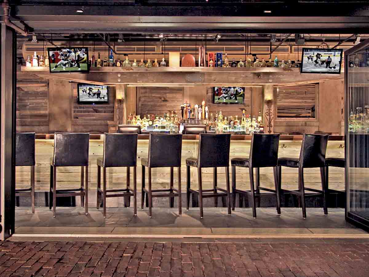 Reclaimed wood panels at the Mija Cantina restaurant in California.