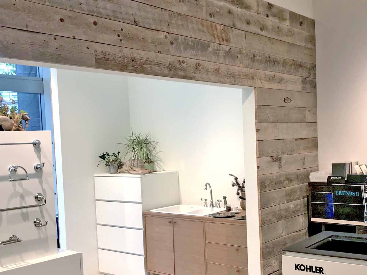 Reclaimed wood wall design at the Kohler store in Tokyo, Japan.