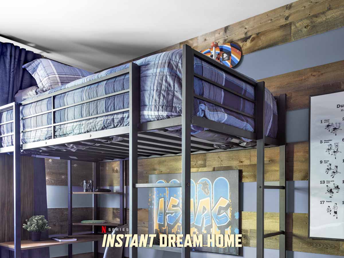 Reclaimed wood wall accents on a boys bedroom wall from episode 4 of Instant Dream Home on Netflix
