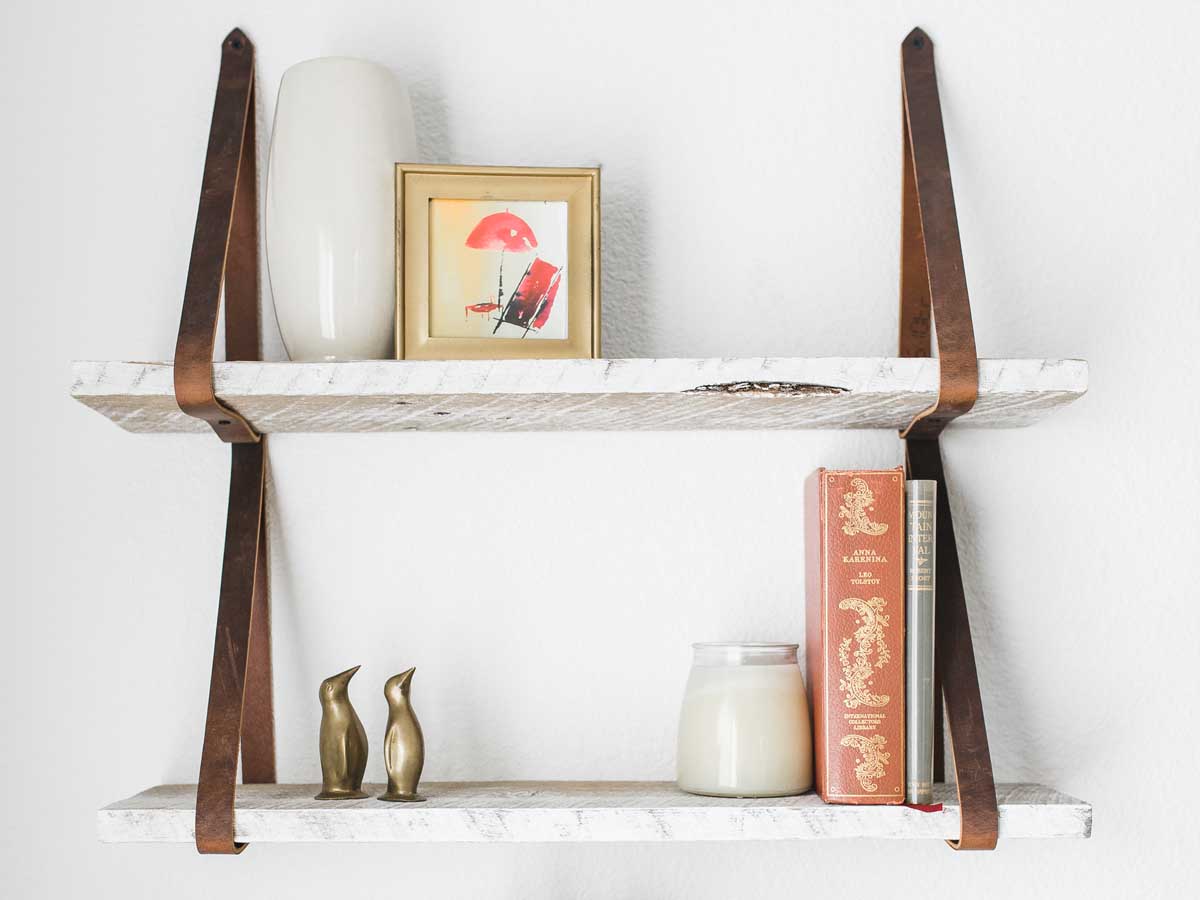 Reclaimed wood wall decor leather strap shelf whitewashed.