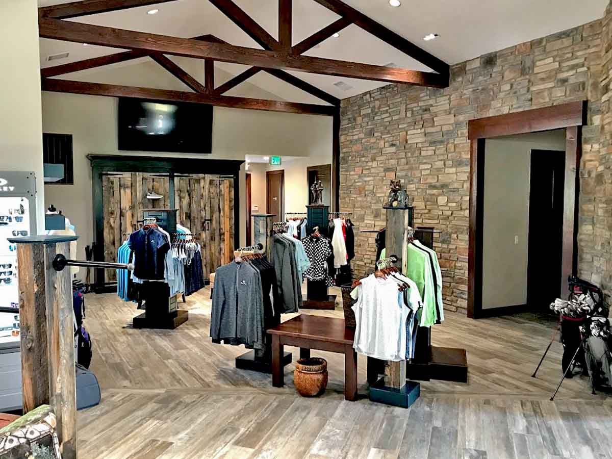 Reclaimed wood doors and column at the Bear Dance Pro Shop in Colorado