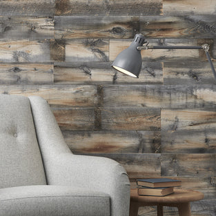 Home study with barn wood wall in the Cody finish