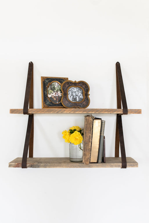 Reclaimed Wood Shelves with Leather Straps