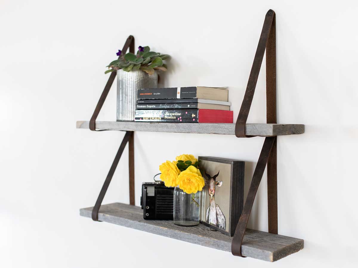 Reclaimed wood wall decor leather strap shelf by Centennial Woods