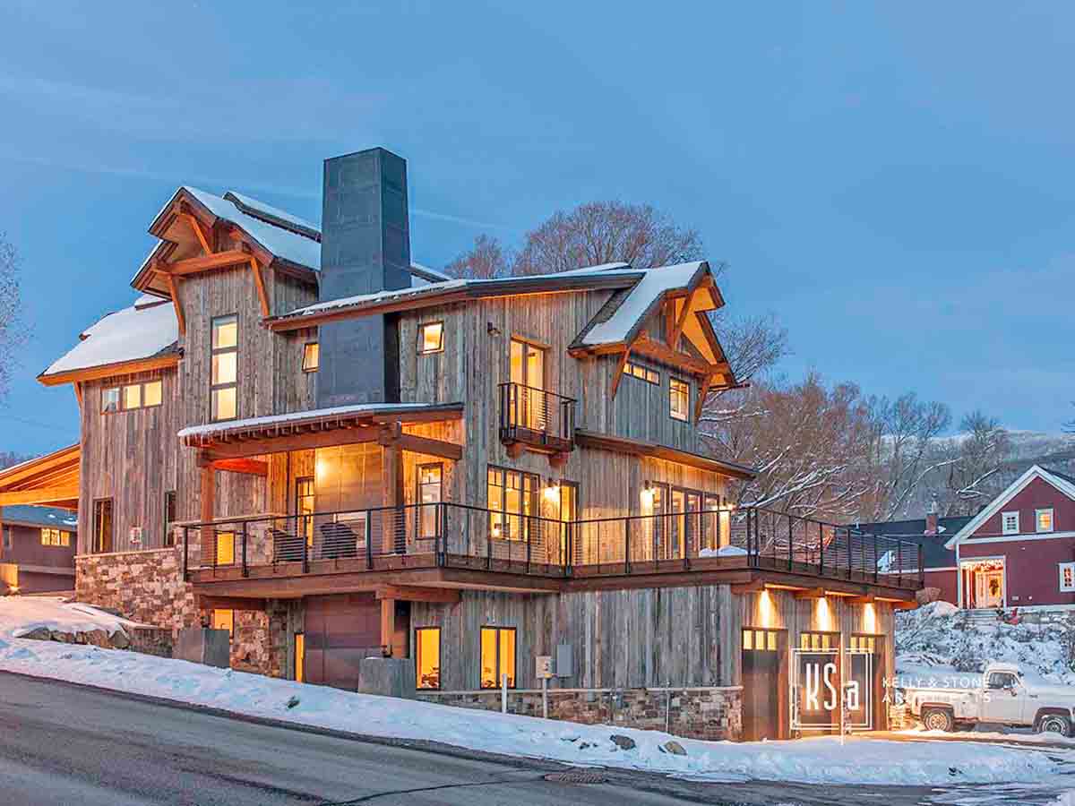 Ski house with vertical reclaimed wood siding in Old Town Steamboat Springs, Colorado.
