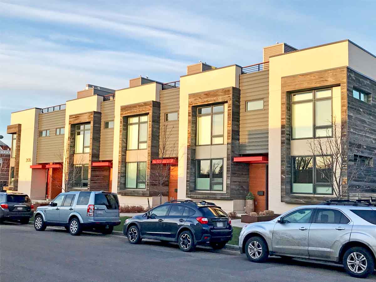 Reclaimed wood siding and accents on an modern apartment building in Boulder, CO.