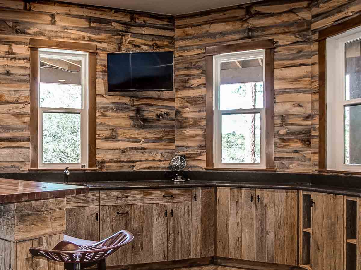 Brown reclaimed wood accent wall