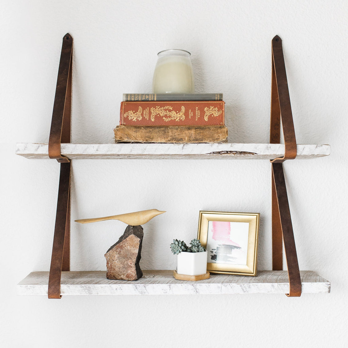 White reclaimed wood wall shelves