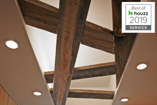 A modern ceiling made with reclaimed wood featured in Best of Houzz 2019.