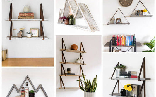 Collage image of reclaimed wood shelves.