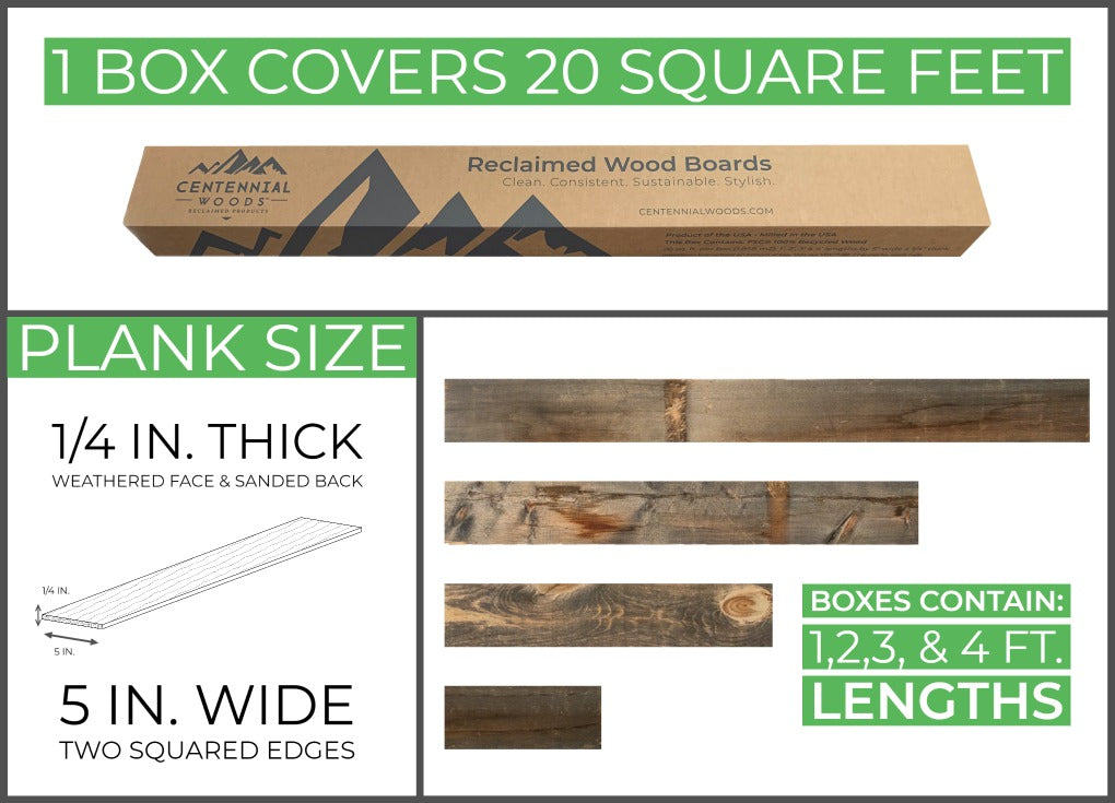 Infographic showing that Centennial Woods' reclaimed wood planks come in boxes containing 20 square feet of 1/4 inch boards that are 5 inches wide. The boards in the box have variable lengths of 1, 2,3, and 4 feet.