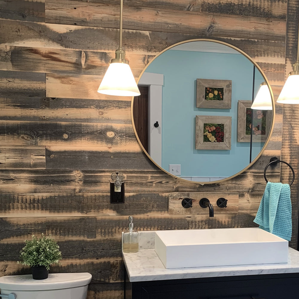 Bathroom remodel featuring a reclaimed wood wall in the Wheatland finish