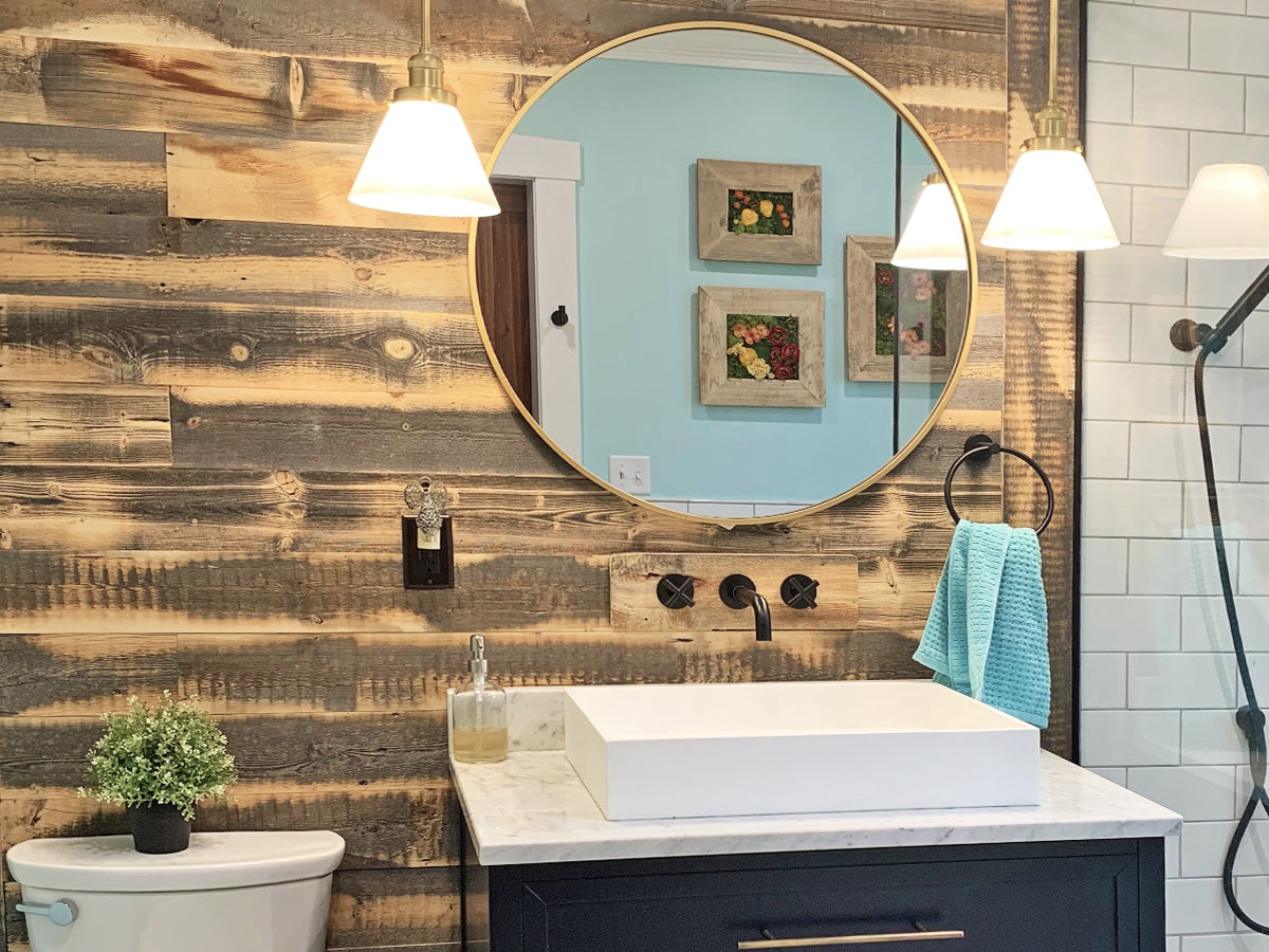Bathroom remodel with a reclaimed wood wall using Centennial Woods' Wheatland finish