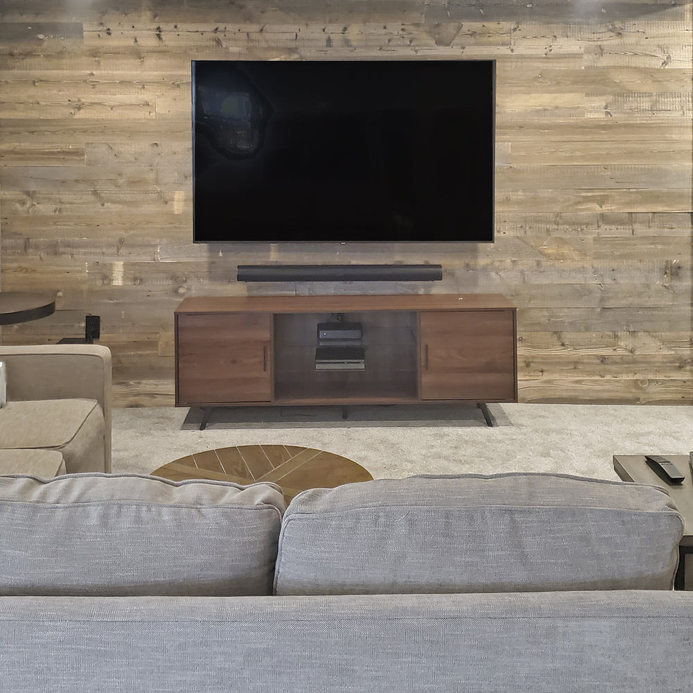 TV wall design using reclaimed wood 