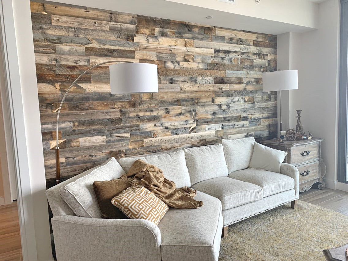 Barn wood wall in the Cody finish installed in a transitional style living room