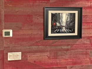 Foyer accent wall in barn wood red.
