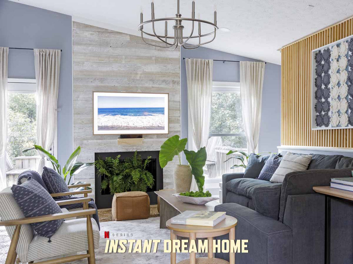 Whitewash reclaimed wood planks on a fireplace surround as featured on episode 2 of the Netflix series Instant Dream Home.