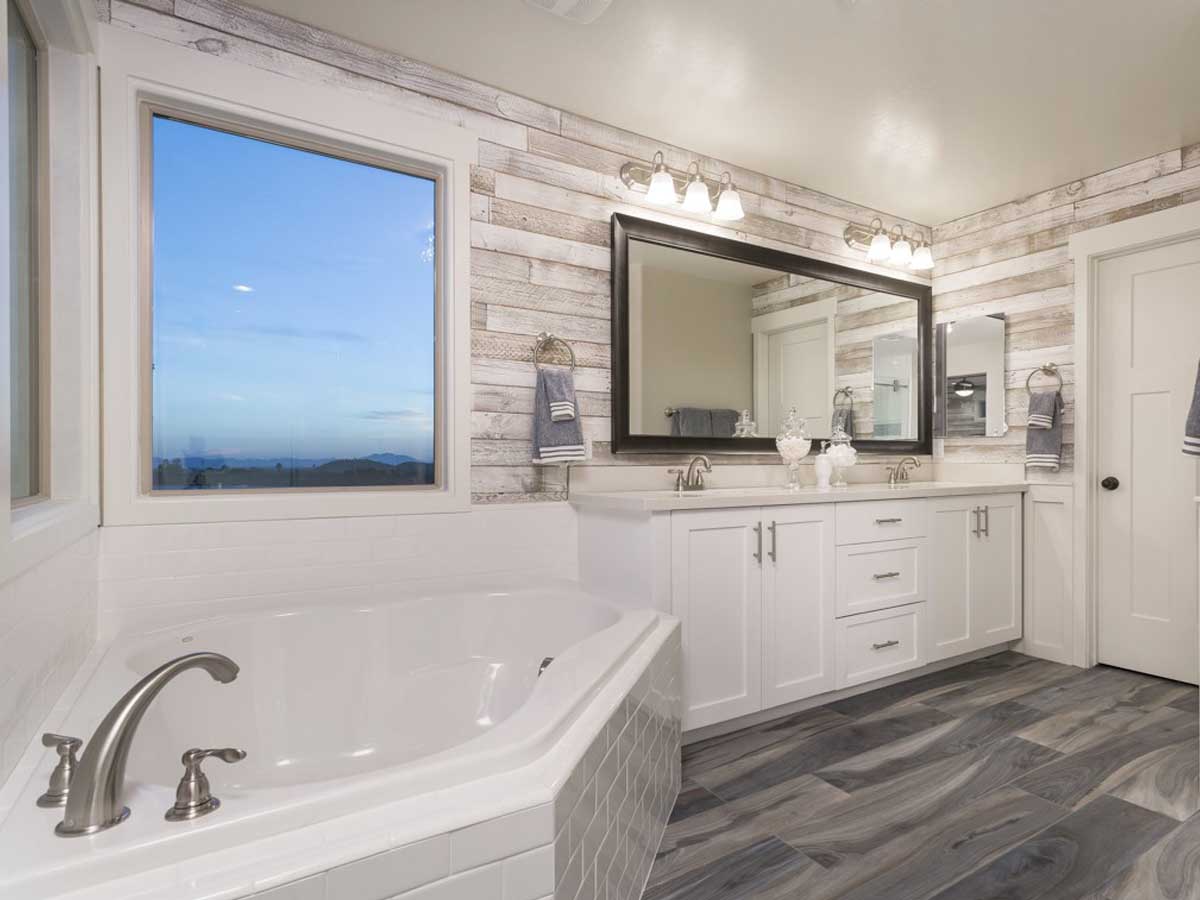 White reclaimed wood bathroom accent wall