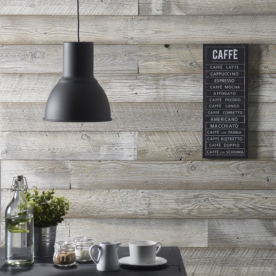 White reclaimed wood wall in a cafe setting